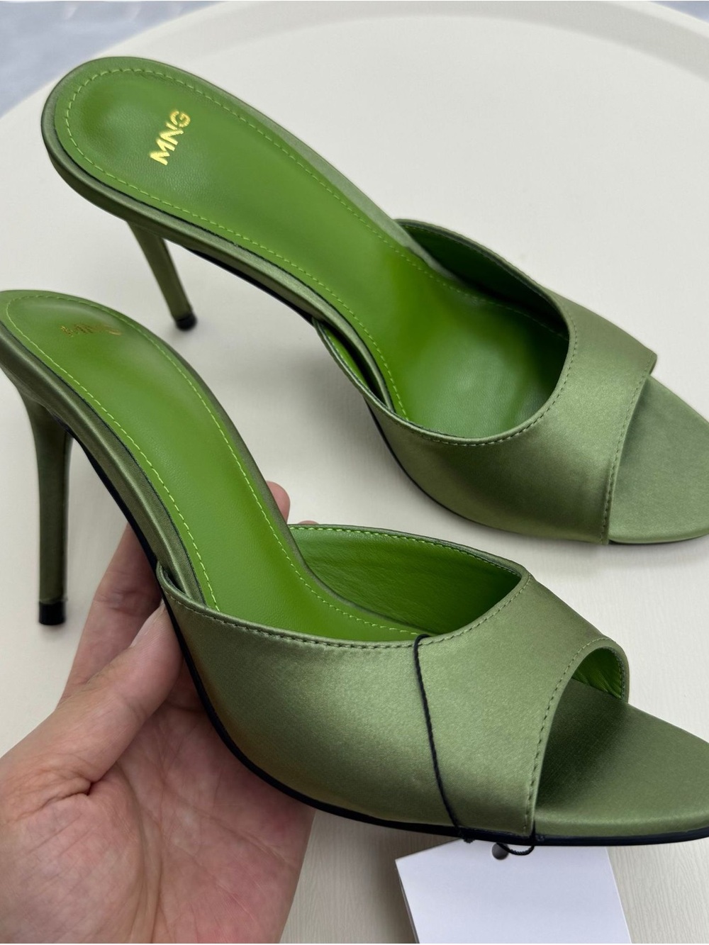 Mango Green Satin Open-Toe Stiletto Mule